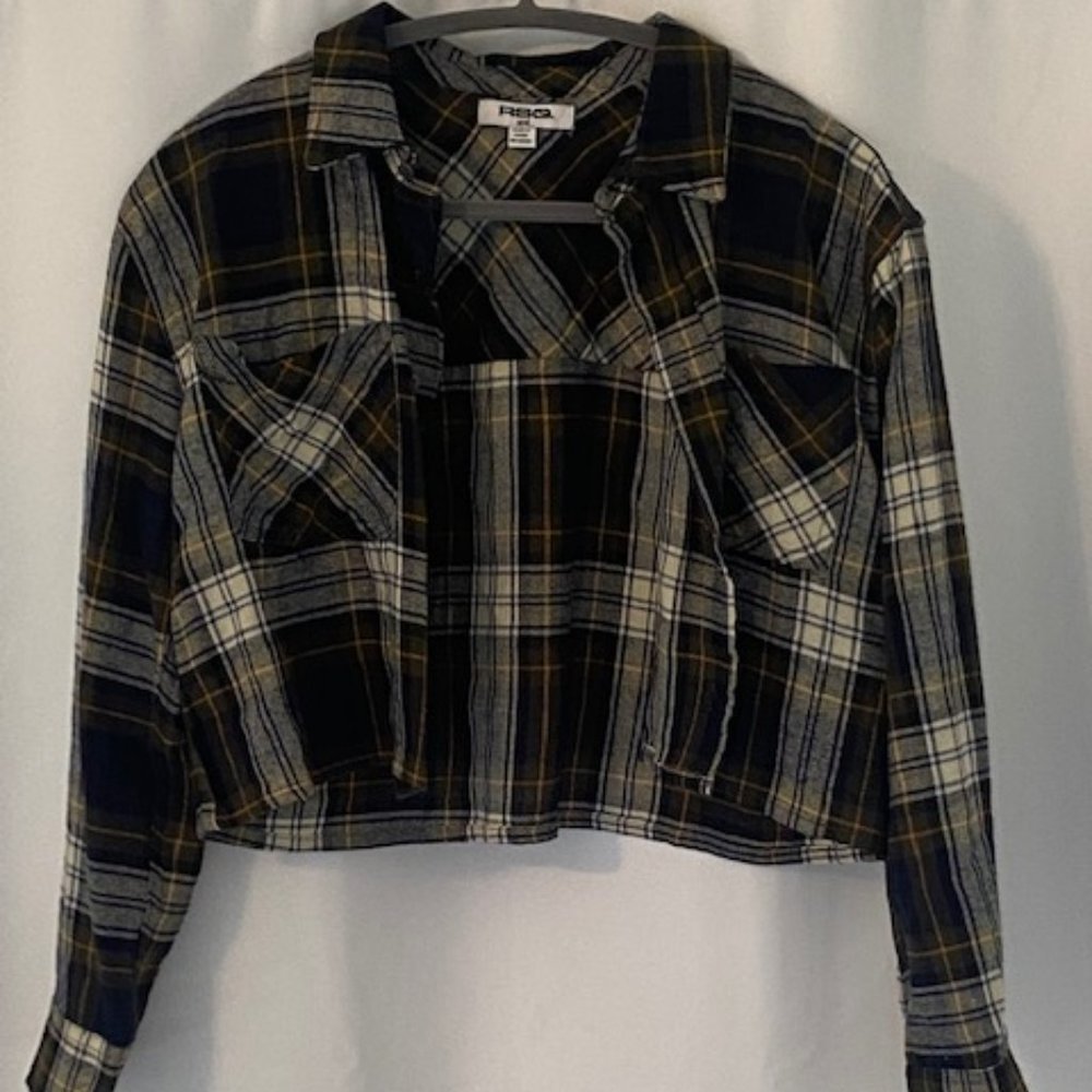 RSQ plaid button down green crop top, size small